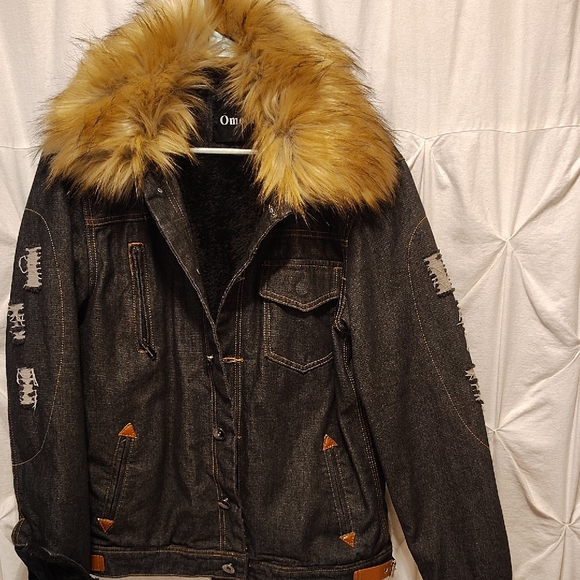 omoone Other - Men's Black Denim Bomber Jacket with Faux Fur Collar with Leather Accents